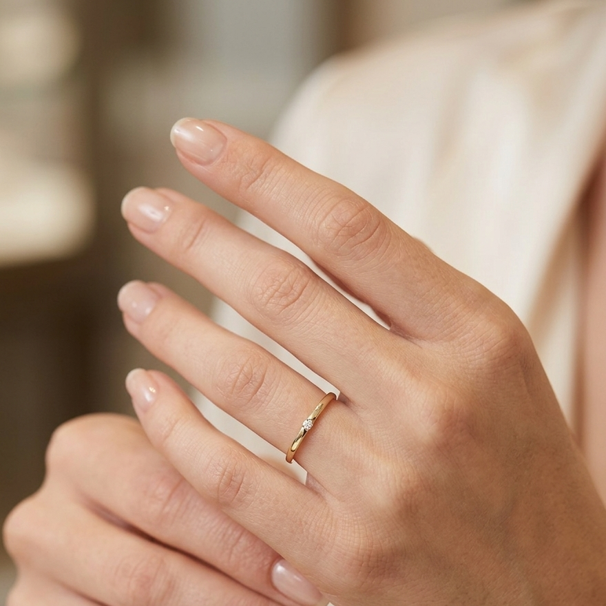 טבעת זהב דקה מנימליסטית משובצת יהלום מעבדה