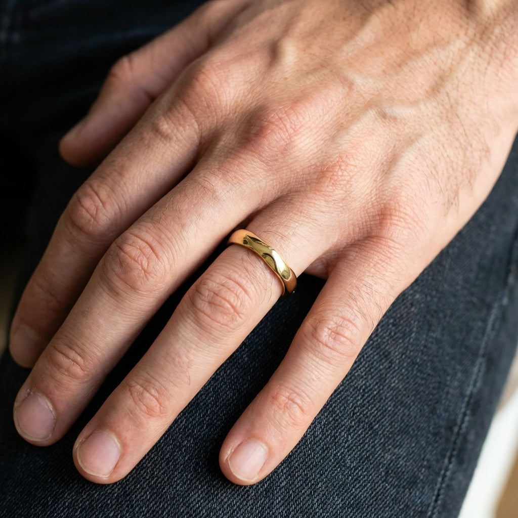 טבעת נישואין אסימטרית עבה עם טקסטורה גולמית