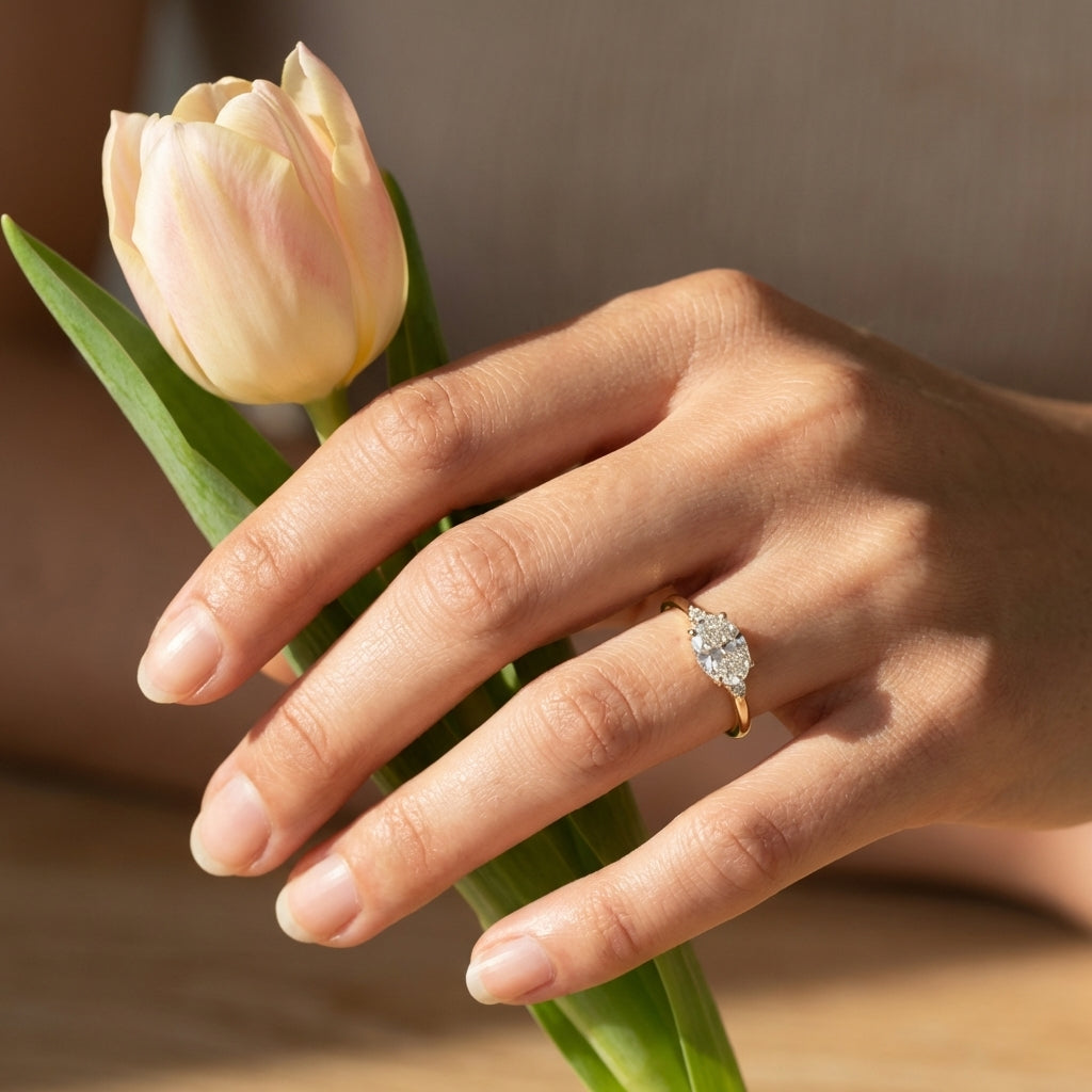 טבעת אירוסין עדינה משובצת יהלום מעבדה אובל אופקי