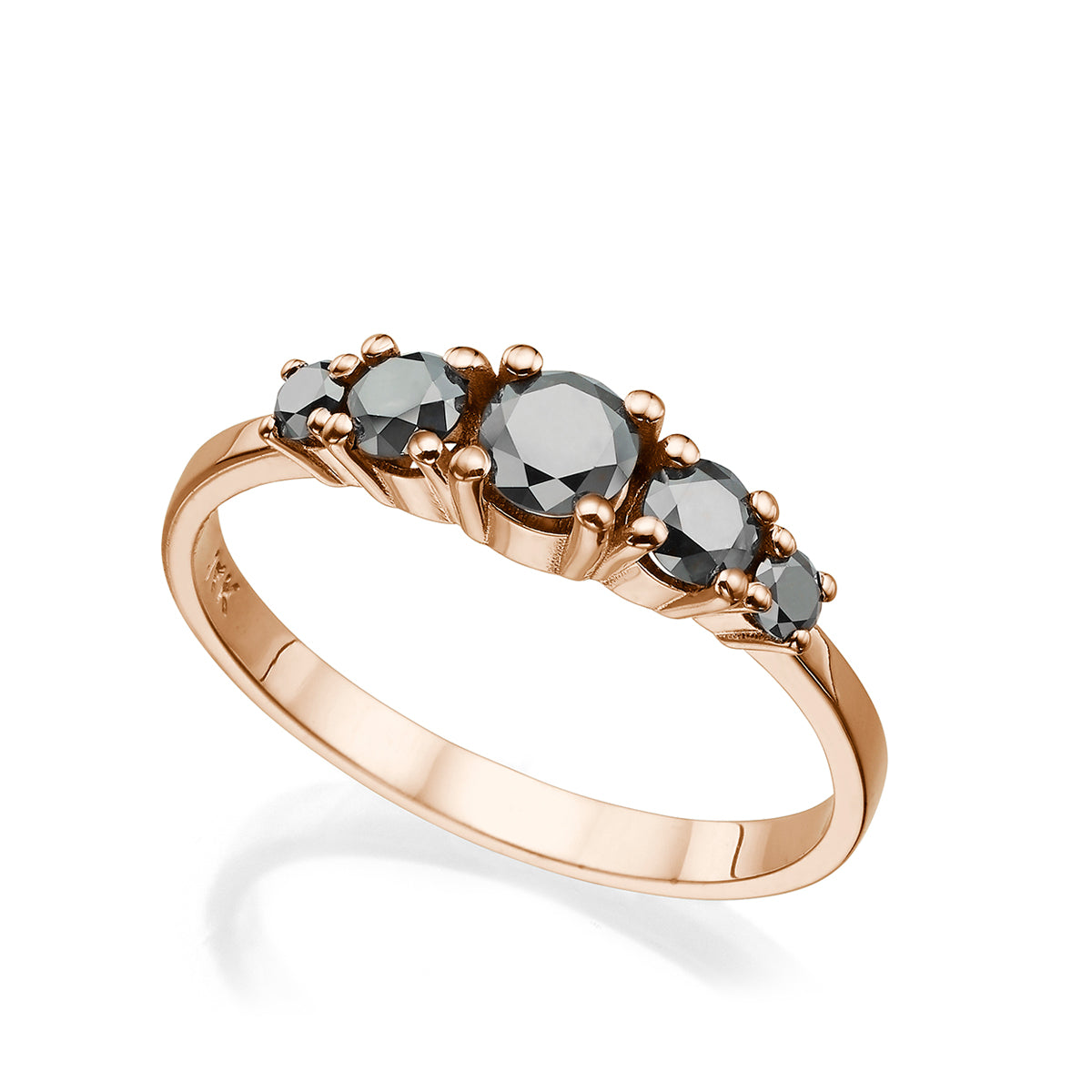 טבעת זהב משובצת 5 יהלומים שחורים, 60 נק', בשיבוץ שיניים