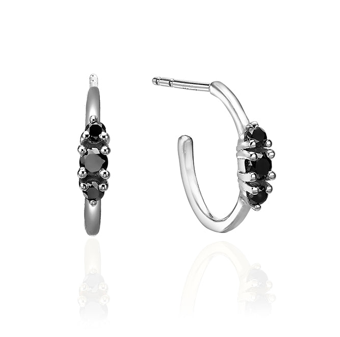 עגילי חישוק קטנים משובצים 3 יהלומים שחורים