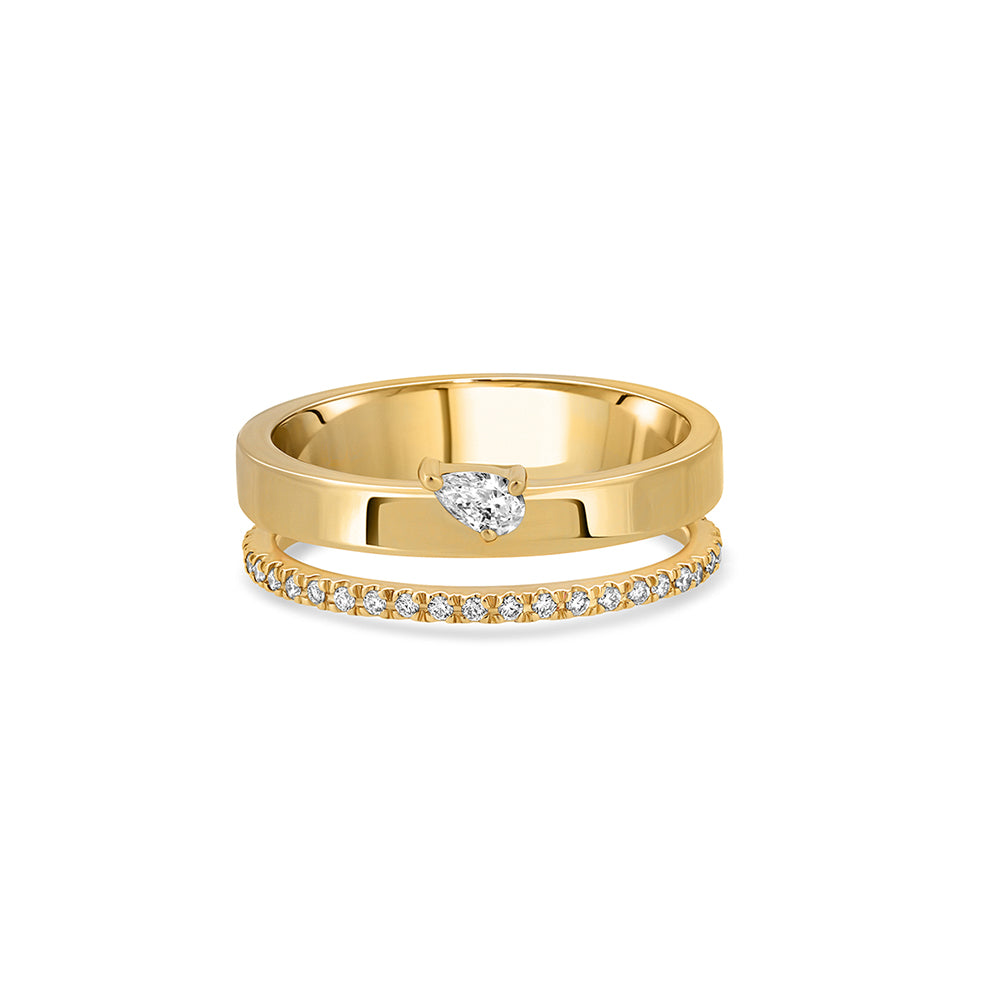 Double gold ring set with a row of diamonds and a 10-point drop-cut diamond