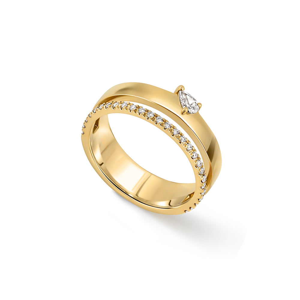 Double gold ring set with a row of diamonds and a 10-point drop-cut diamond