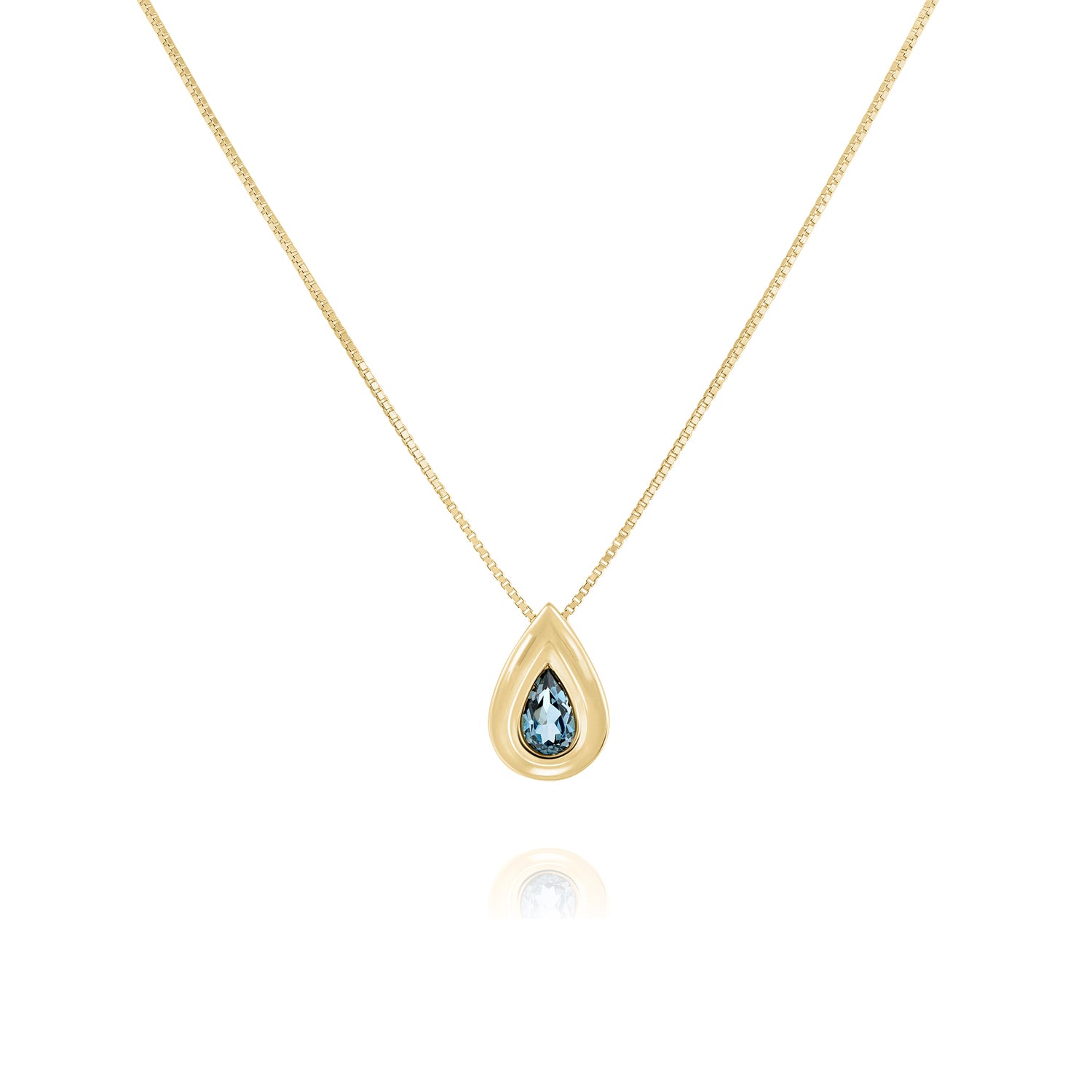 Necklace with a gold drop-shaped pendant set with London Blue Topaz