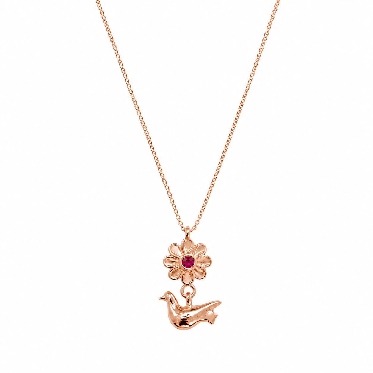 שרשרת תליון פרח ויונה משובץ רובי טבעי