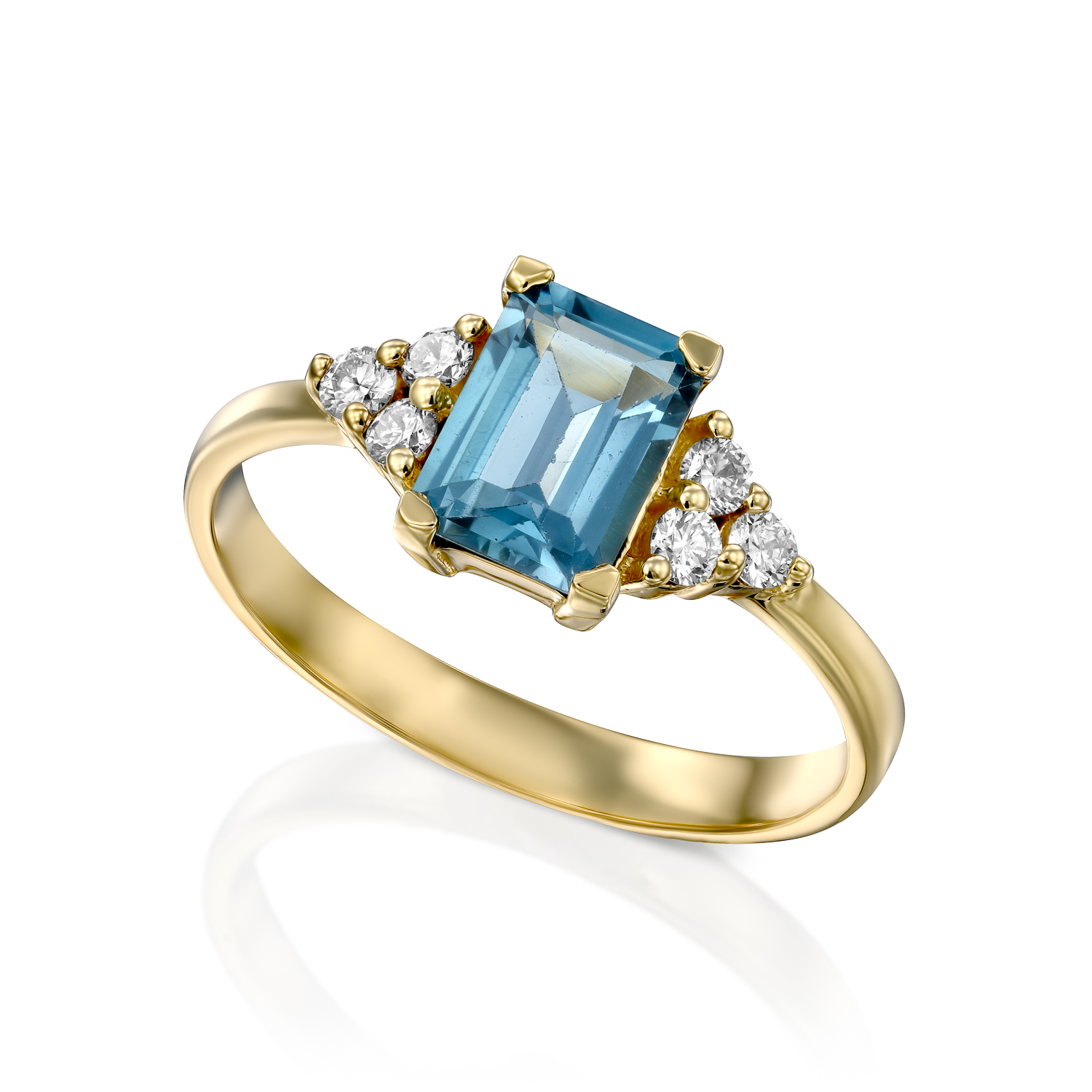 טבעת אירוסין משובצת לונדון בלו טופז מלבנית ו-6 יהלומים צדדים